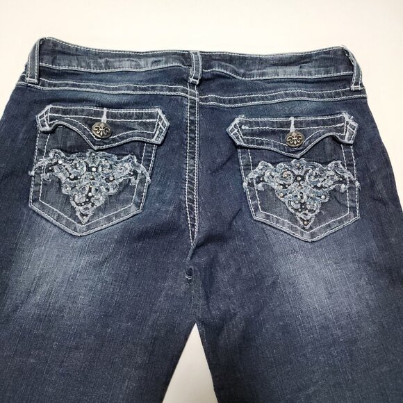 Wrangler Rock 47 Dark Wash Patch Distressed Ultra Low Rise Bootcut Jeans - Picture 2 of 5